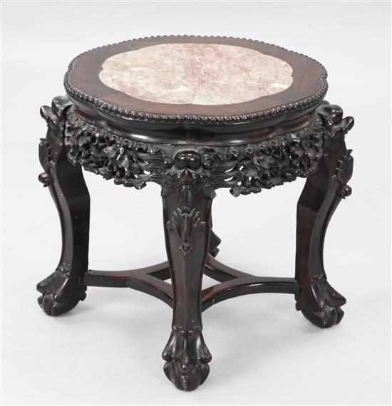 A Chinese rosewood (hongmu) and marble topped stand, late 19th century, height 45.5cm